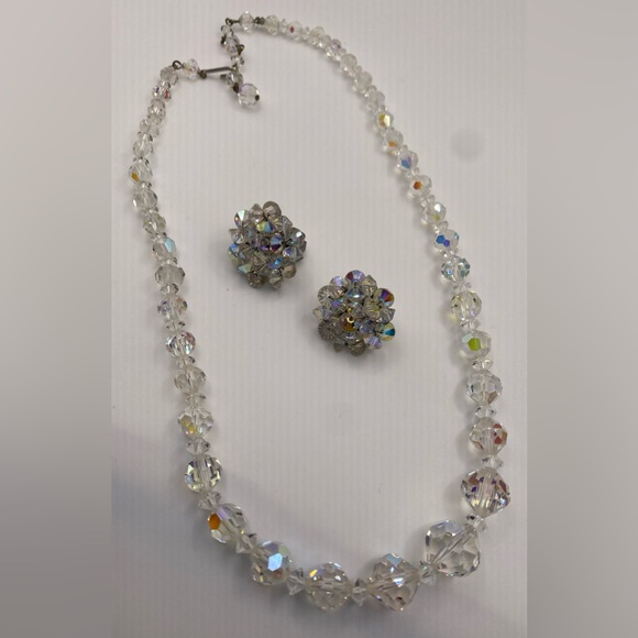 Aurora Borealis AB Single Strand Faceted Crystal Glass Choker Necklace Earrings - Picture 8 of 9